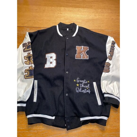 Graffiti Puzzle Bomber Jacket Black & White Varsity Style - Picture 1 of 6